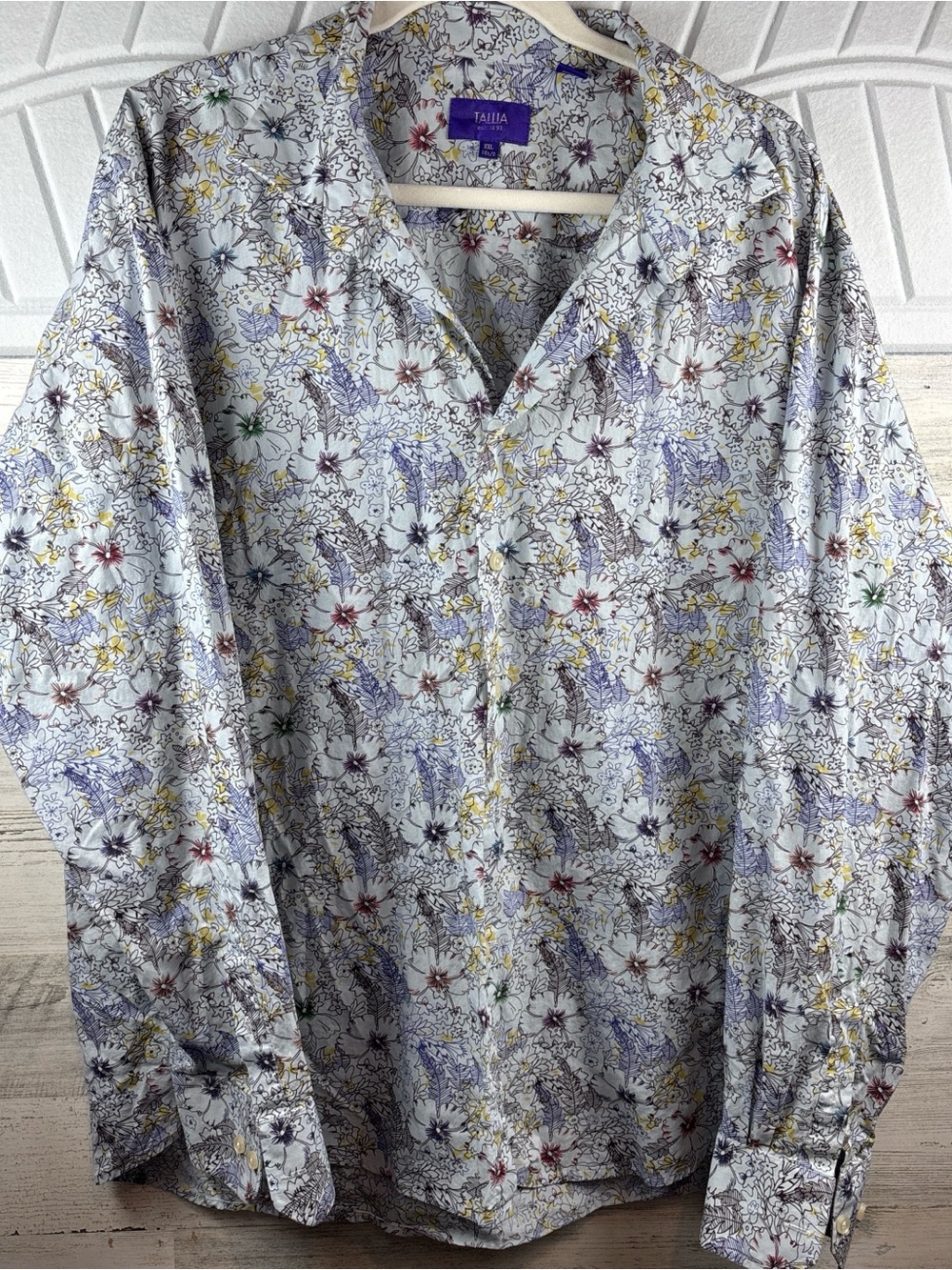 TALLIA White Floral Button-Up Shirt with Blue, Yellow and Purple Accents